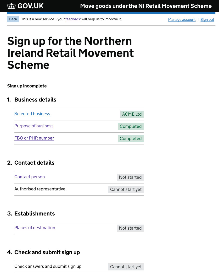 Screenshot of the NIRMS sign up service task list